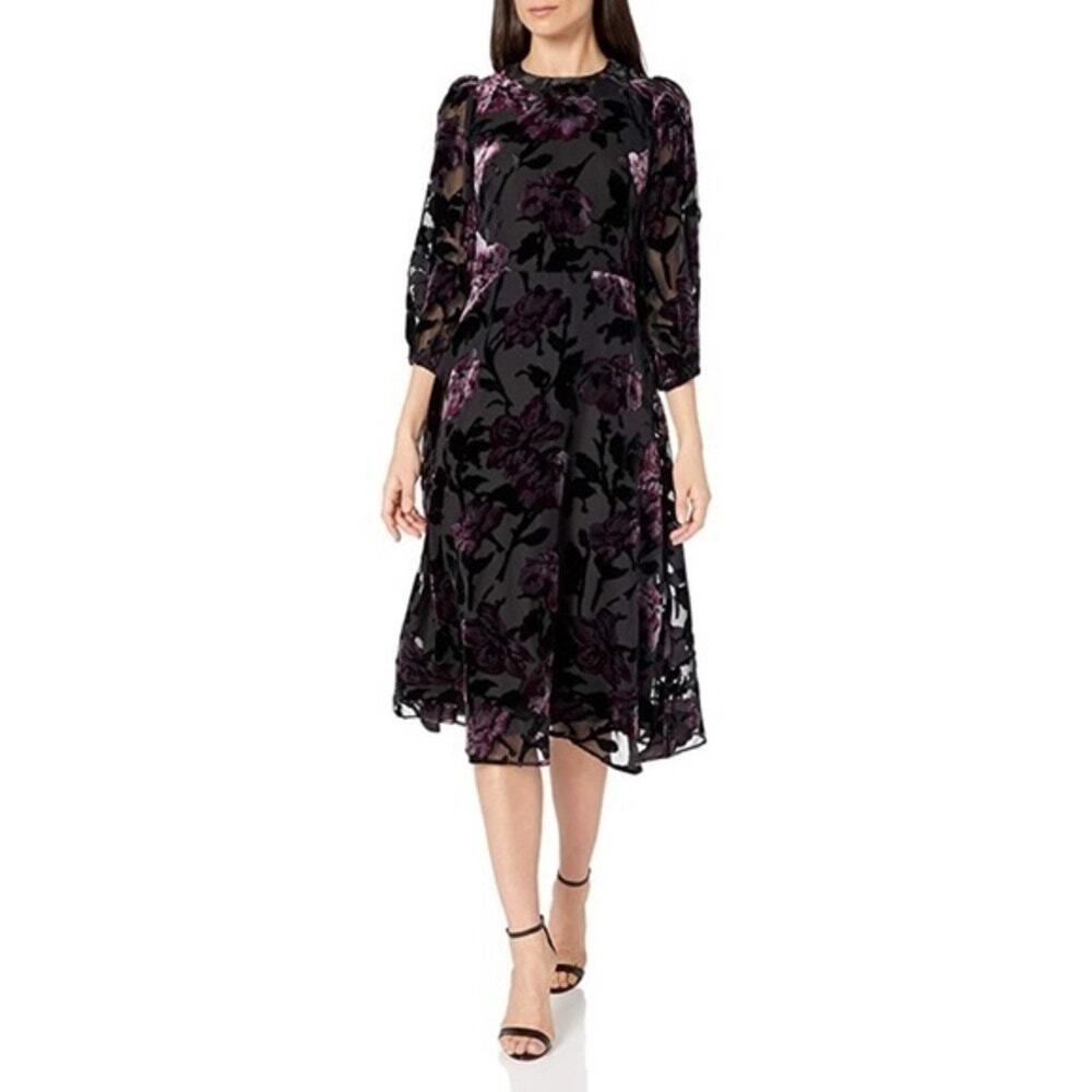 Eliza J Dress Midi Floral Burnout Velvet Balloon Chiffon Jacquard Purple Size 4